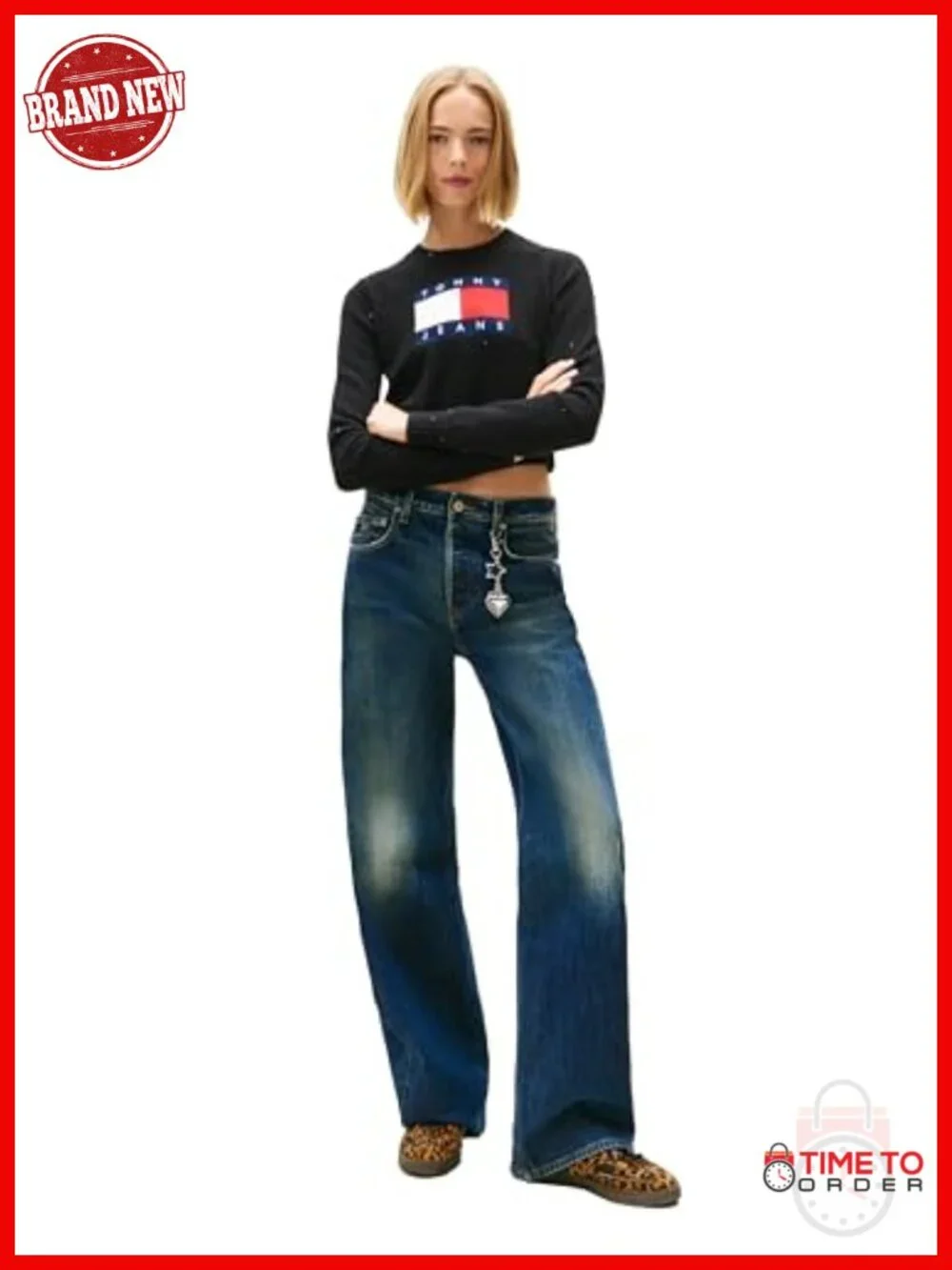 Long Sleeve Pullover Crewneck Sweater With Big Flag Logo and Sparkle Detail